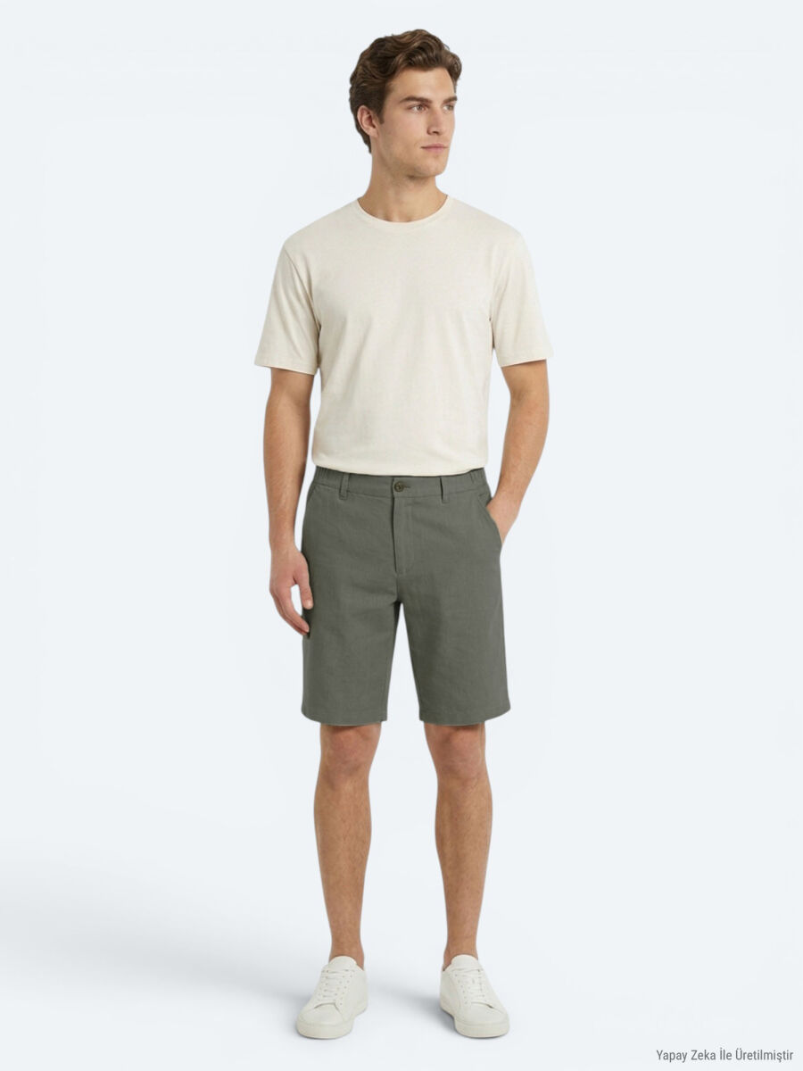 Haki Düz Dokuma Jogging Fit Casual Pamuk Karışımlı Bermuda - 1
