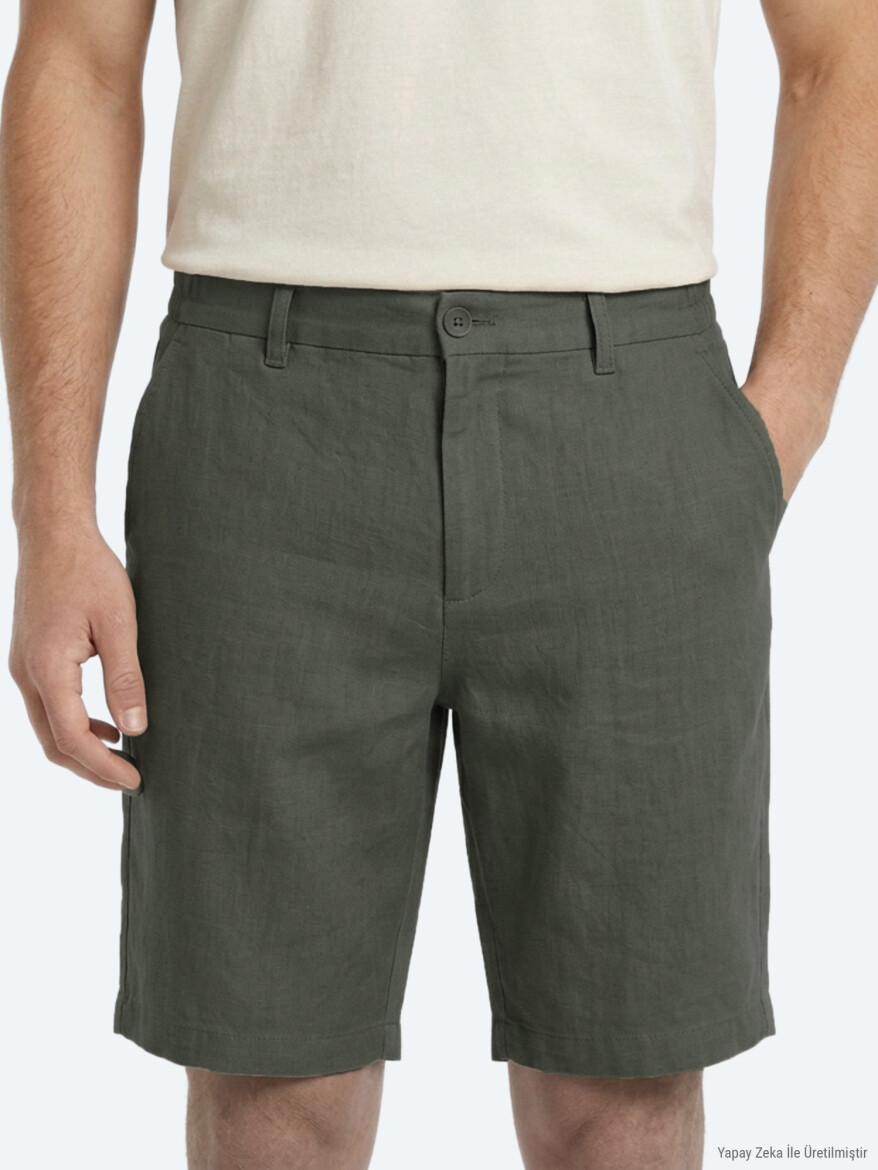 Haki Düz Dokuma Jogging Fit Casual Pamuk Karışımlı Bermuda - KİP