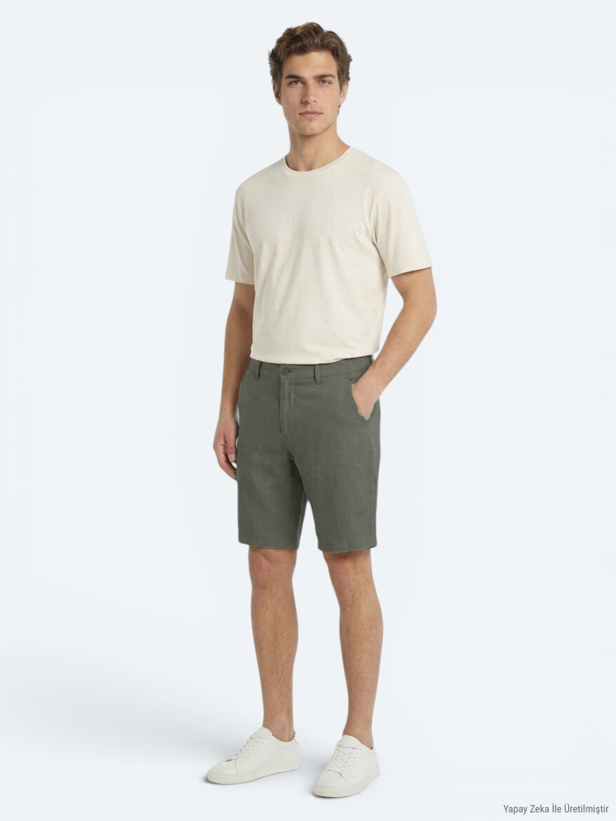 Haki Düz Dokuma Jogging Fit Casual Pamuk Karışımlı Bermuda - 3