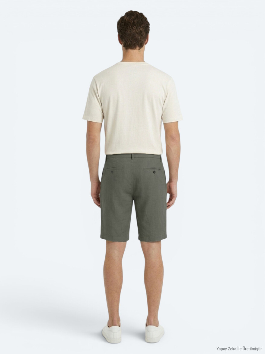 Haki Düz Dokuma Jogging Fit Casual Pamuk Karışımlı Bermuda - 4
