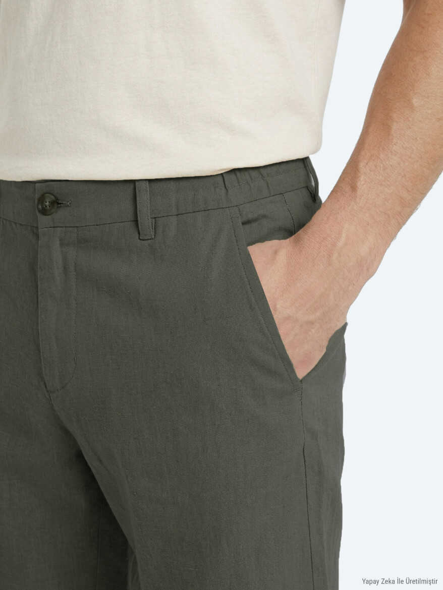 Haki Düz Dokuma Jogging Fit Casual Pamuk Karışımlı Bermuda - 5