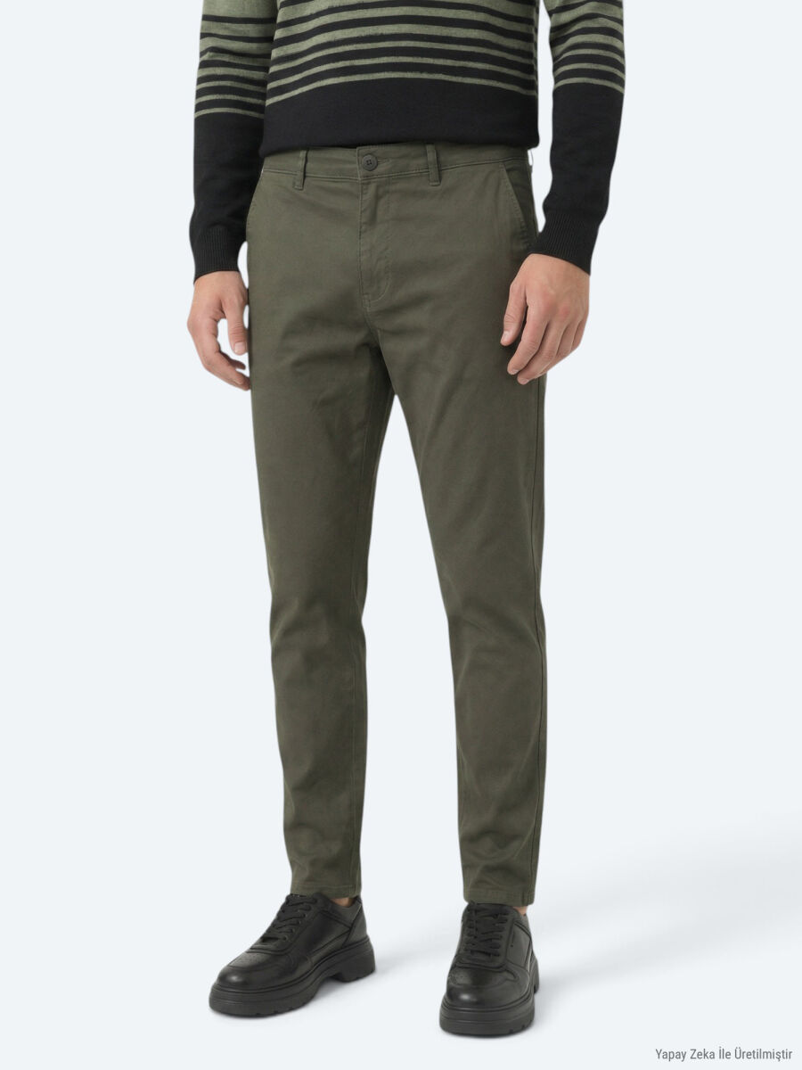 Haki Düz Dokuma Jogging Fit Casual Pamuk Karışımlı Pantolon - 2