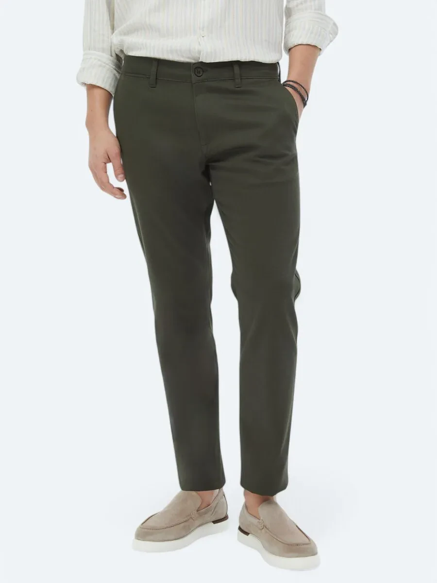 Haki Düz Dokuma Regular Fit Casual Pamuk Karışımlı Pantolon - 2