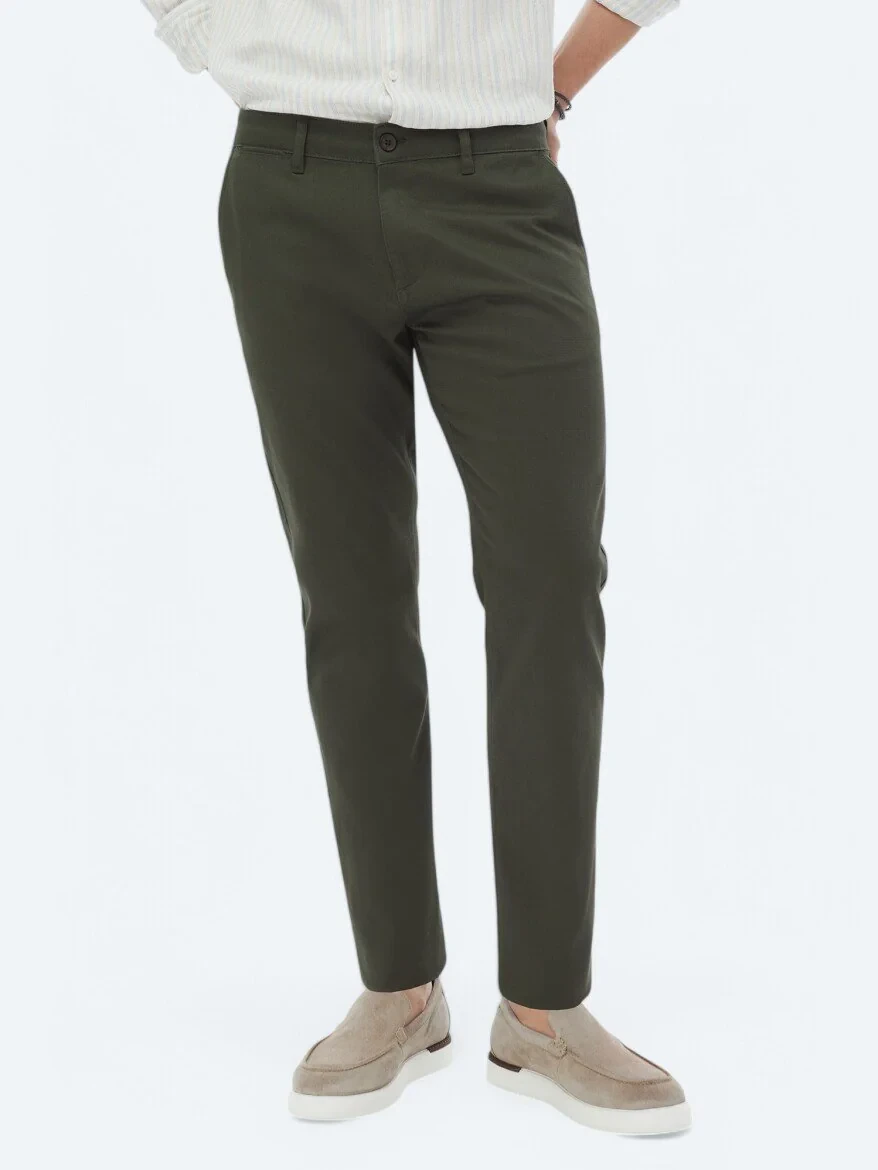 Haki Düz Dokuma Regular Fit Casual Pamuk Karışımlı Pantolon - 3