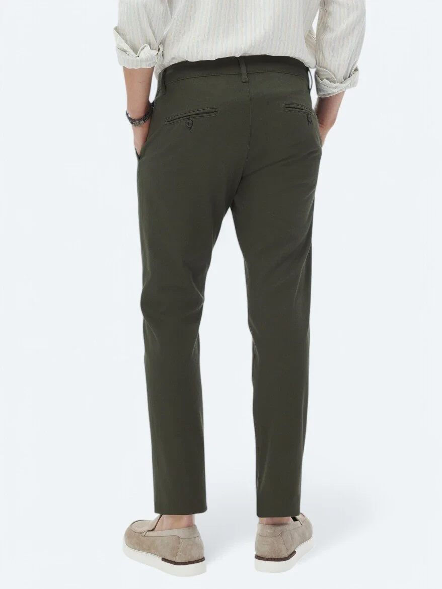 Haki Düz Dokuma Regular Fit Casual Pamuk Karışımlı Pantolon - 6