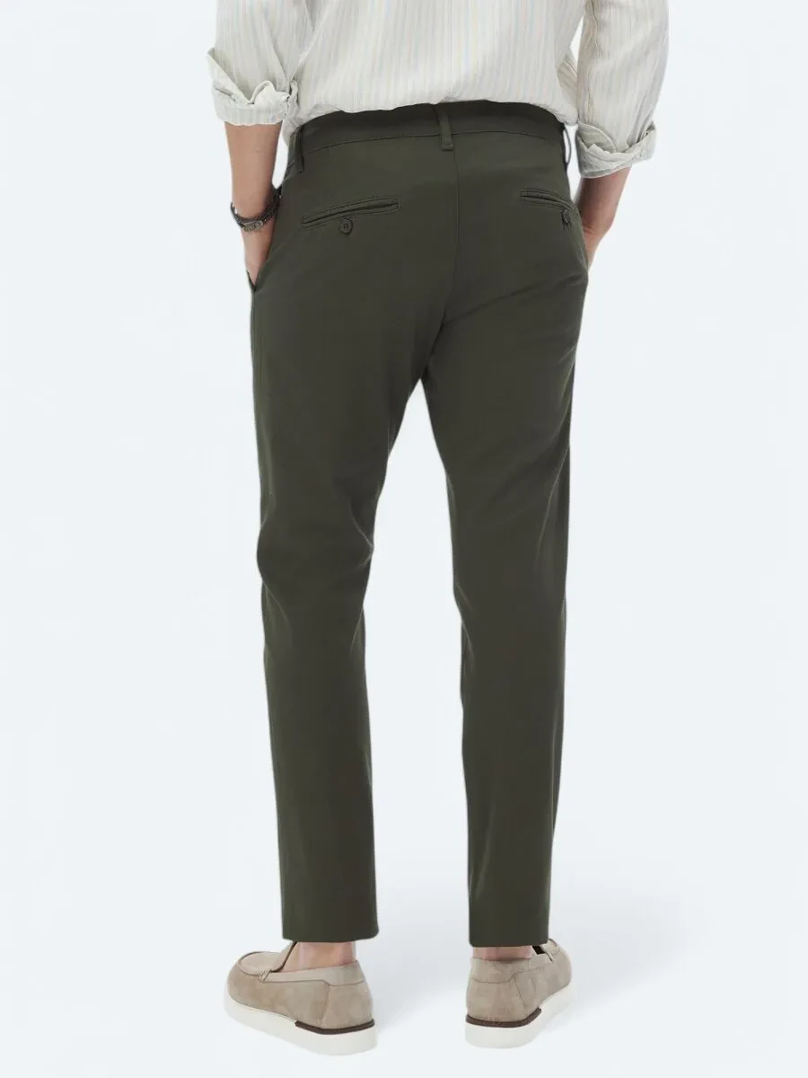 Haki Düz Dokuma Regular Fit Casual Pamuk Karışımlı Pantolon - 6