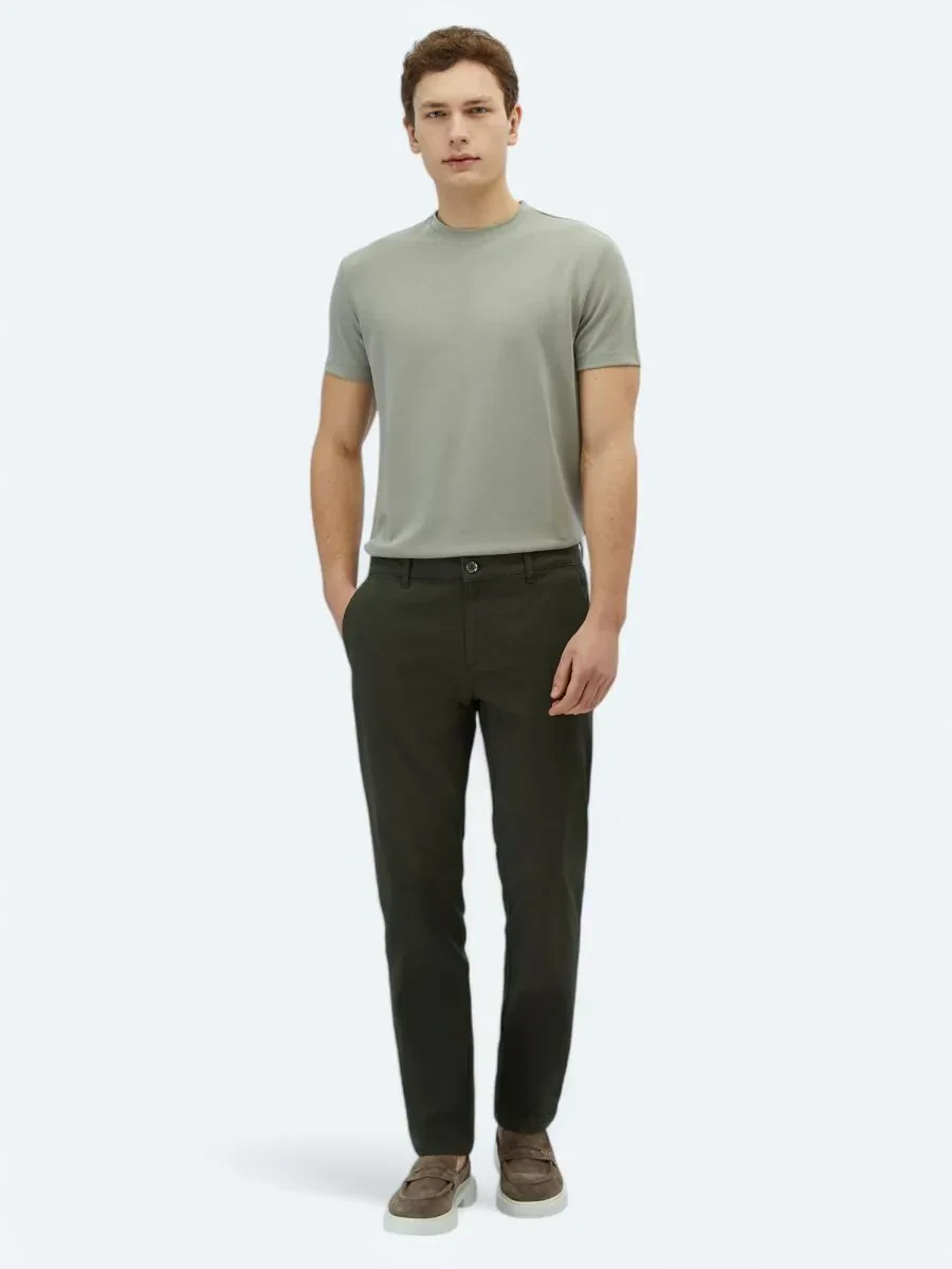 Haki Düz Dokuma Regular Fit Casual Pamuk Karışımlı Pantolon - 1