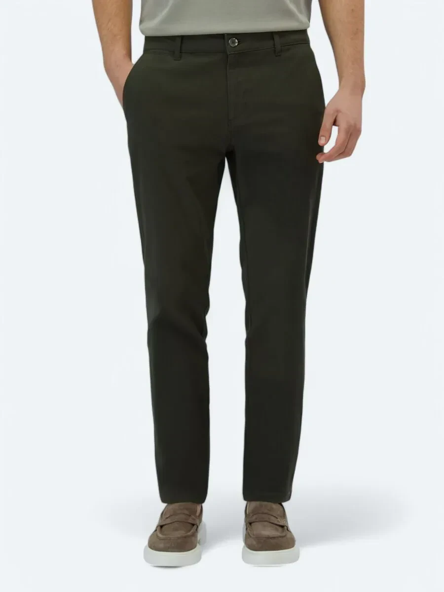 Haki Düz Dokuma Regular Fit Casual Pamuk Karışımlı Pantolon - 2