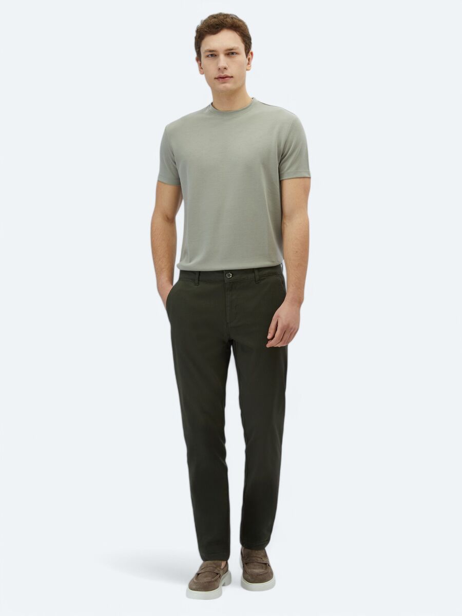 Haki Düz Dokuma Regular Fit Casual Pamuk Karışımlı Pantolon - 1