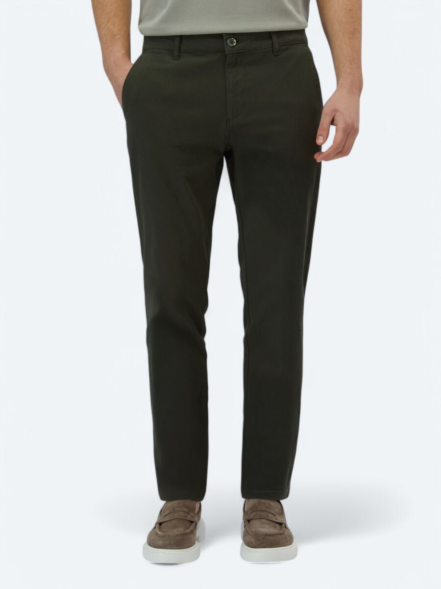 Haki Düz Dokuma Regular Fit Casual Pamuk Karışımlı Pantolon - 2