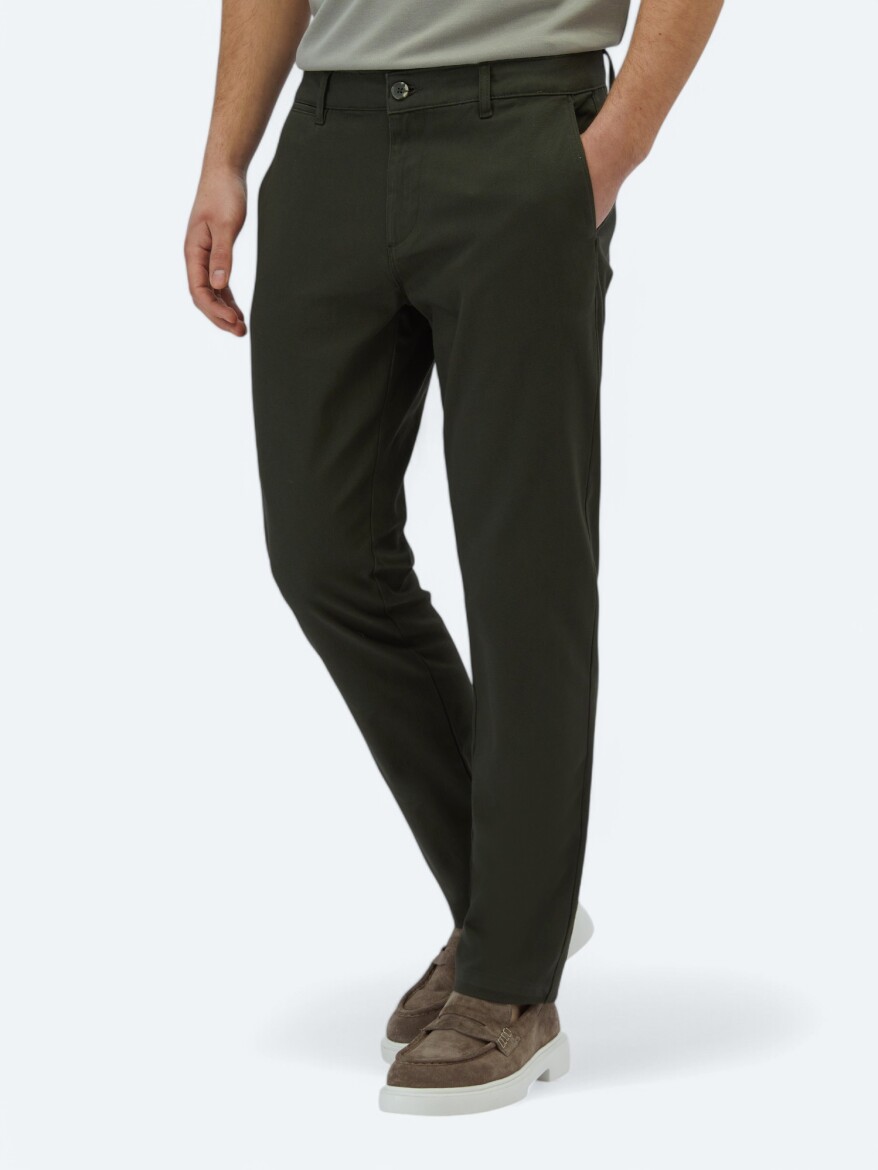 Haki Düz Dokuma Regular Fit Casual Pamuk Karışımlı Pantolon - 3