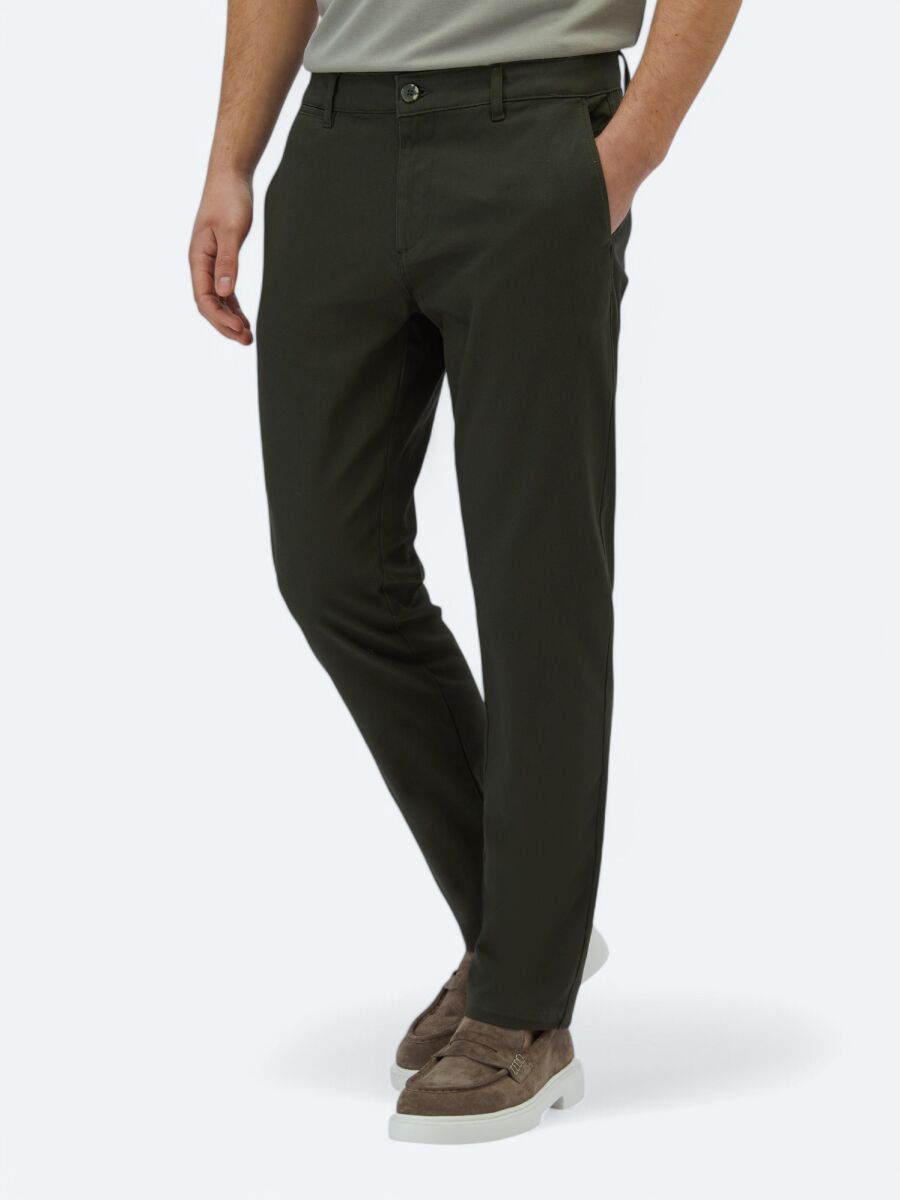 Haki Düz Dokuma Regular Fit Casual Pamuk Karışımlı Pantolon - 3