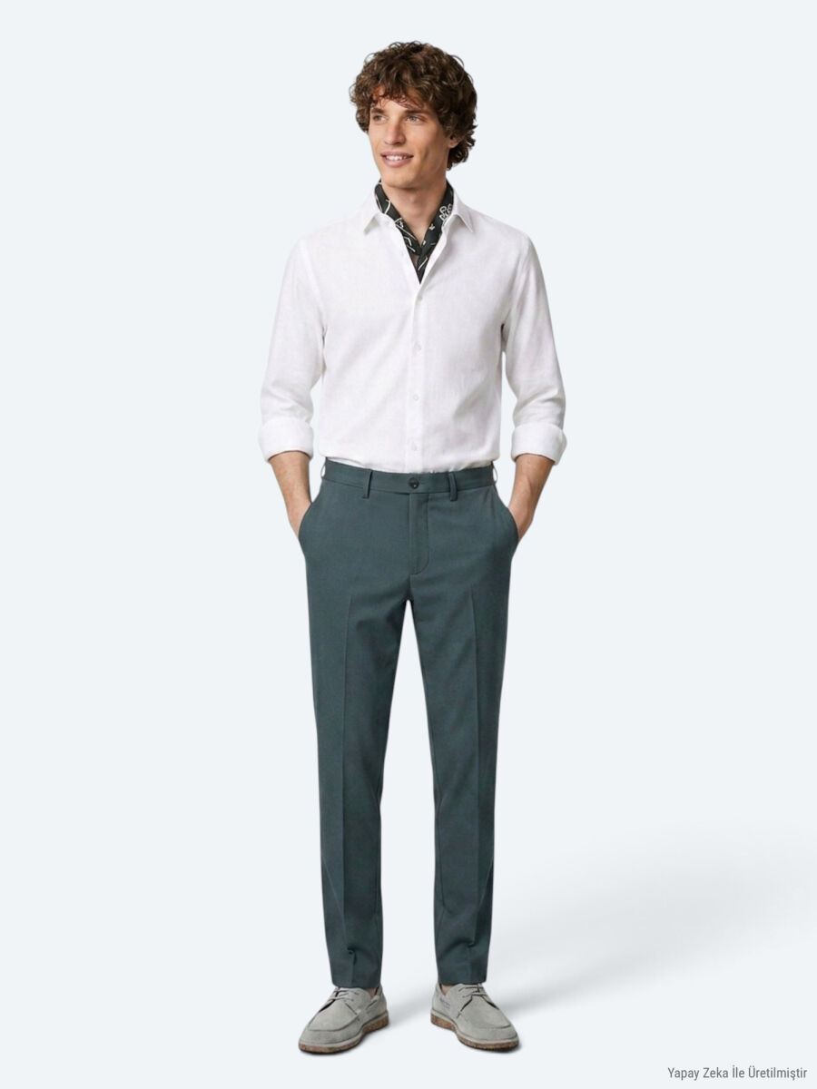 Haki Düz Dokuma Regular Fit Casual Pantolon - 1
