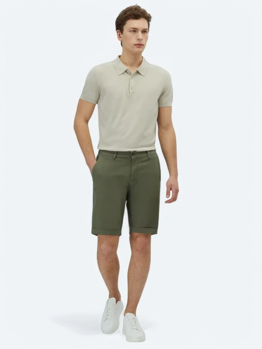 Haki Düz Dokuma Slim Fit Casual Pamuk Karışımlı Bermuda - 1