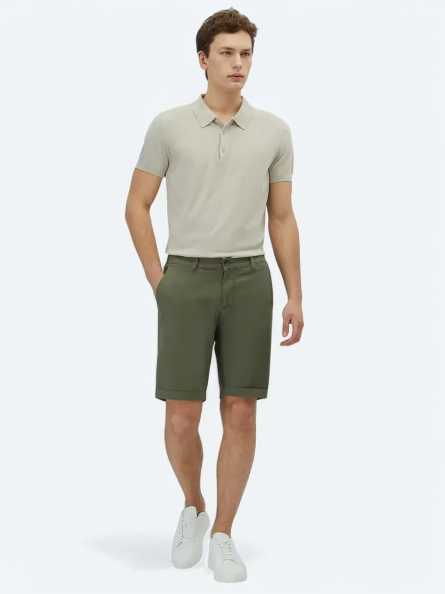Haki Düz Dokuma Slim Fit Casual Pamuk Karışımlı Bermuda - 1