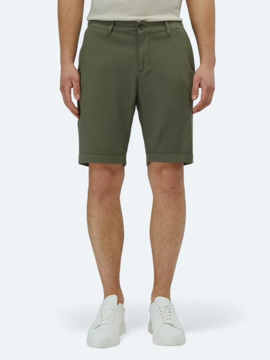 Haki Düz Dokuma Slim Fit Casual Pamuk Karışımlı Bermuda - 2