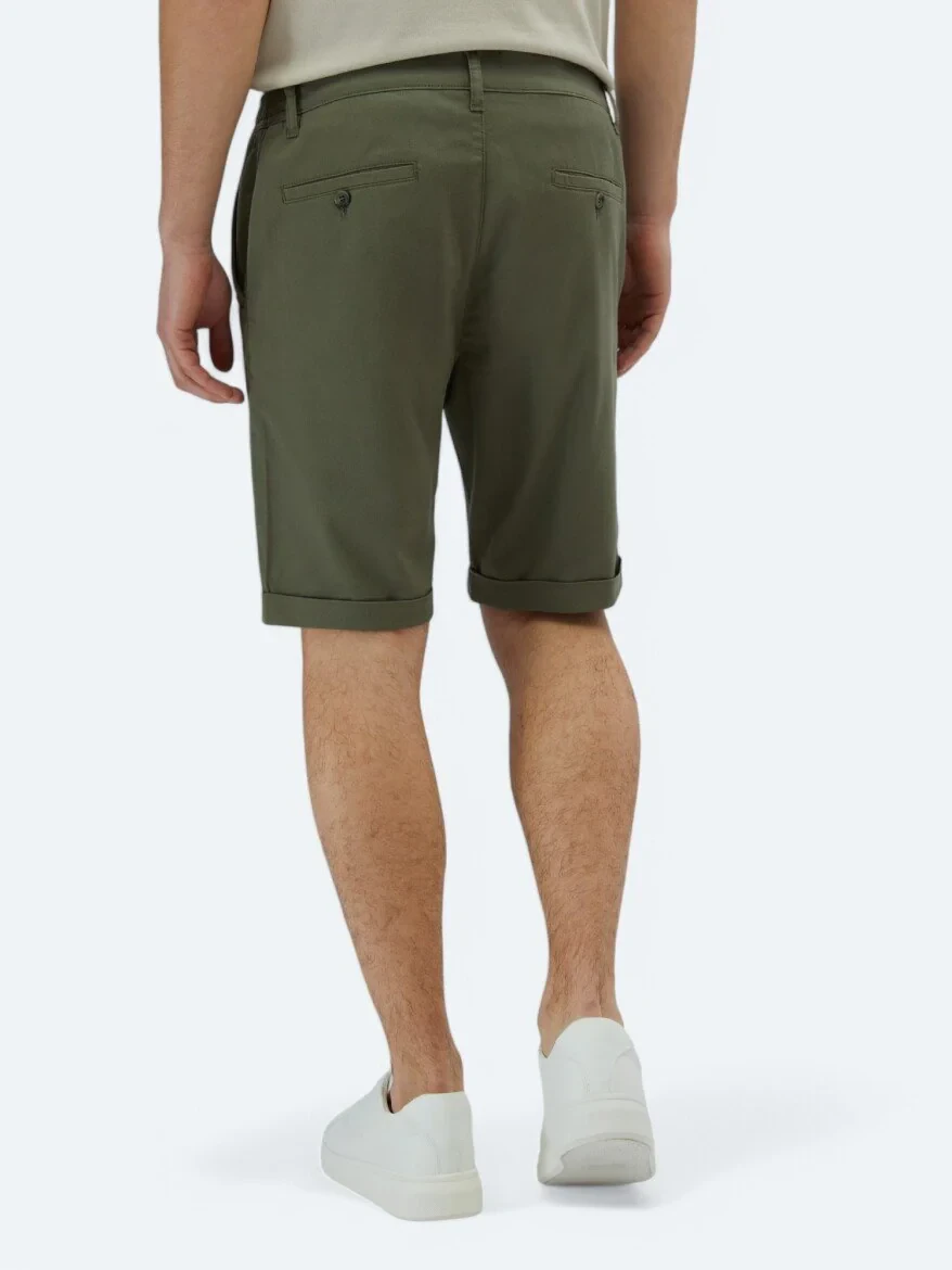 Haki Düz Dokuma Slim Fit Casual Pamuk Karışımlı Bermuda 