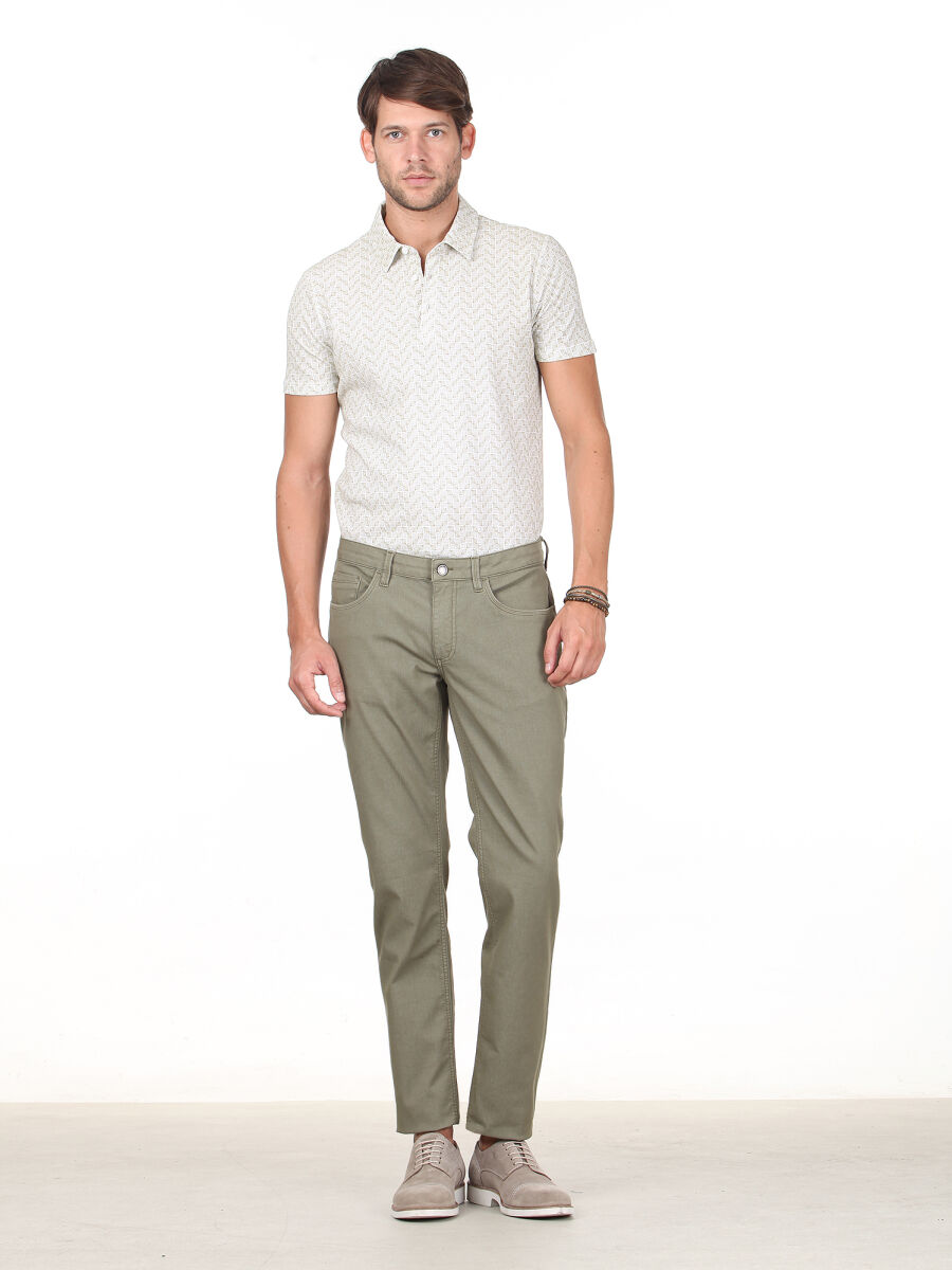 Haki Düz Dokuma Slim Fit Casual Pamuk Karışımlı Pantolon - 1