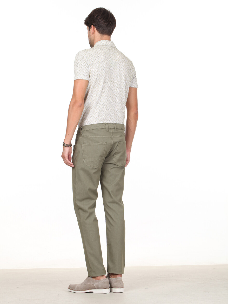 Haki Düz Dokuma Slim Fit Casual Pamuk Karışımlı Pantolon - 4