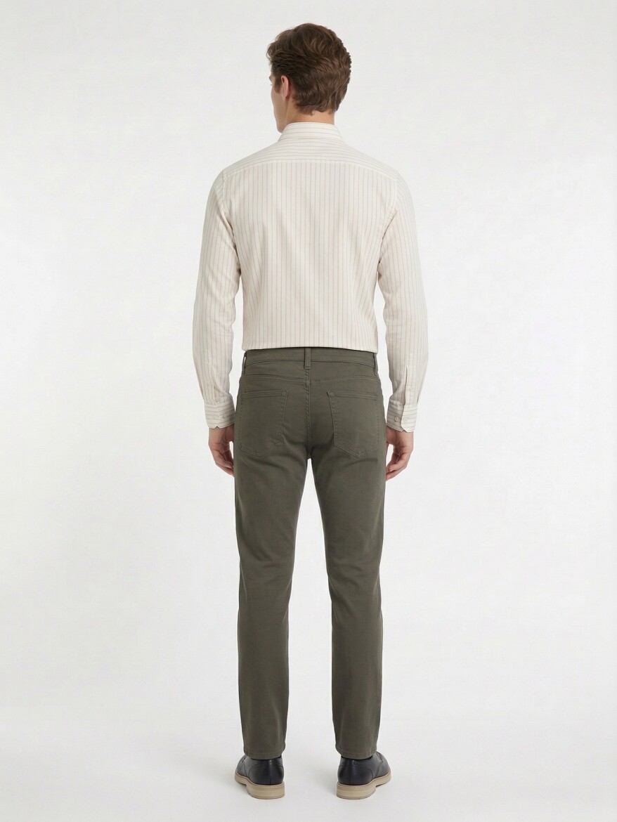 Haki Düz Dokuma Slim Fit Casual Pamuk Karışımlı Pantolon - 4