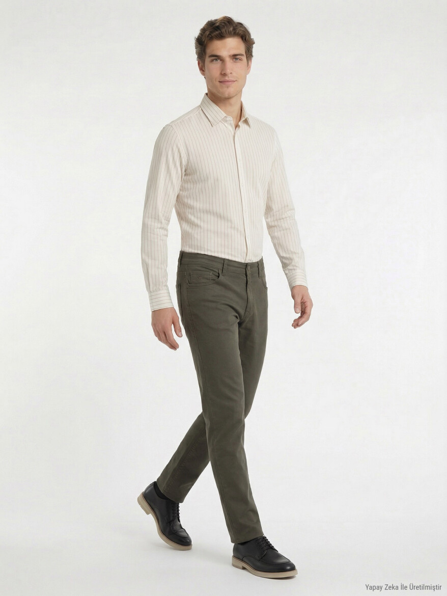 Haki Düz Dokuma Slim Fit Casual Pamuk Karışımlı Pantolon - KİP