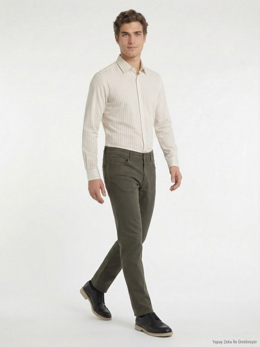 Haki Düz Dokuma Slim Fit Casual Pamuk Karışımlı Pantolon - 1