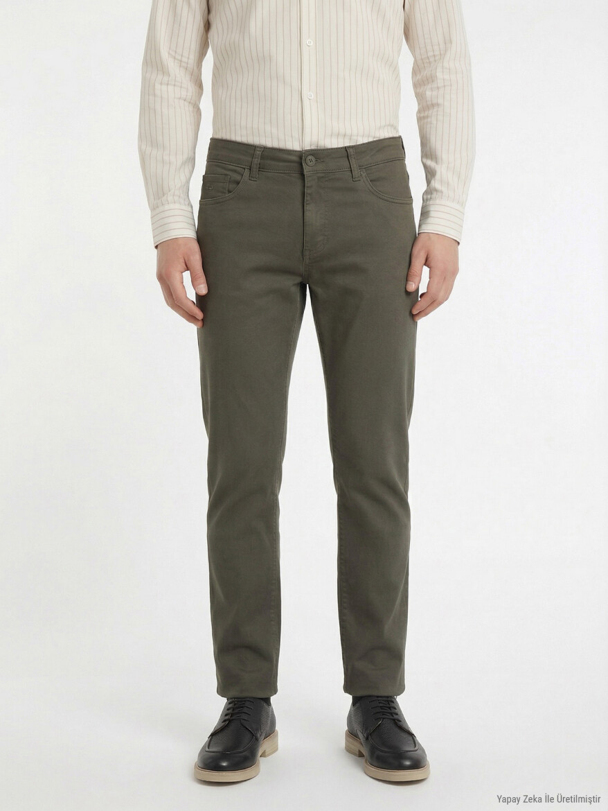 Haki Düz Dokuma Slim Fit Casual Pamuk Karışımlı Pantolon - KİP