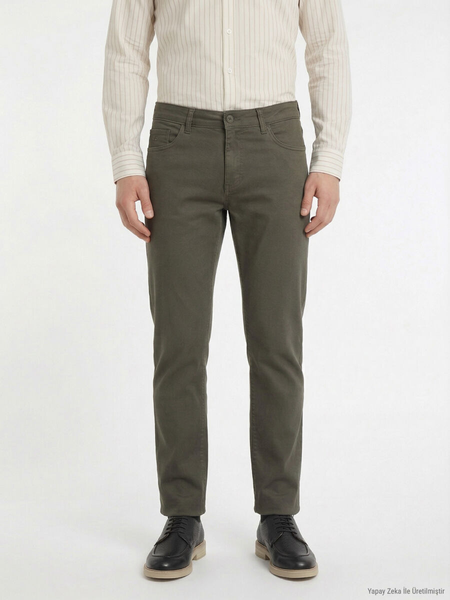 Haki Düz Dokuma Slim Fit Casual Pamuk Karışımlı Pantolon - 2