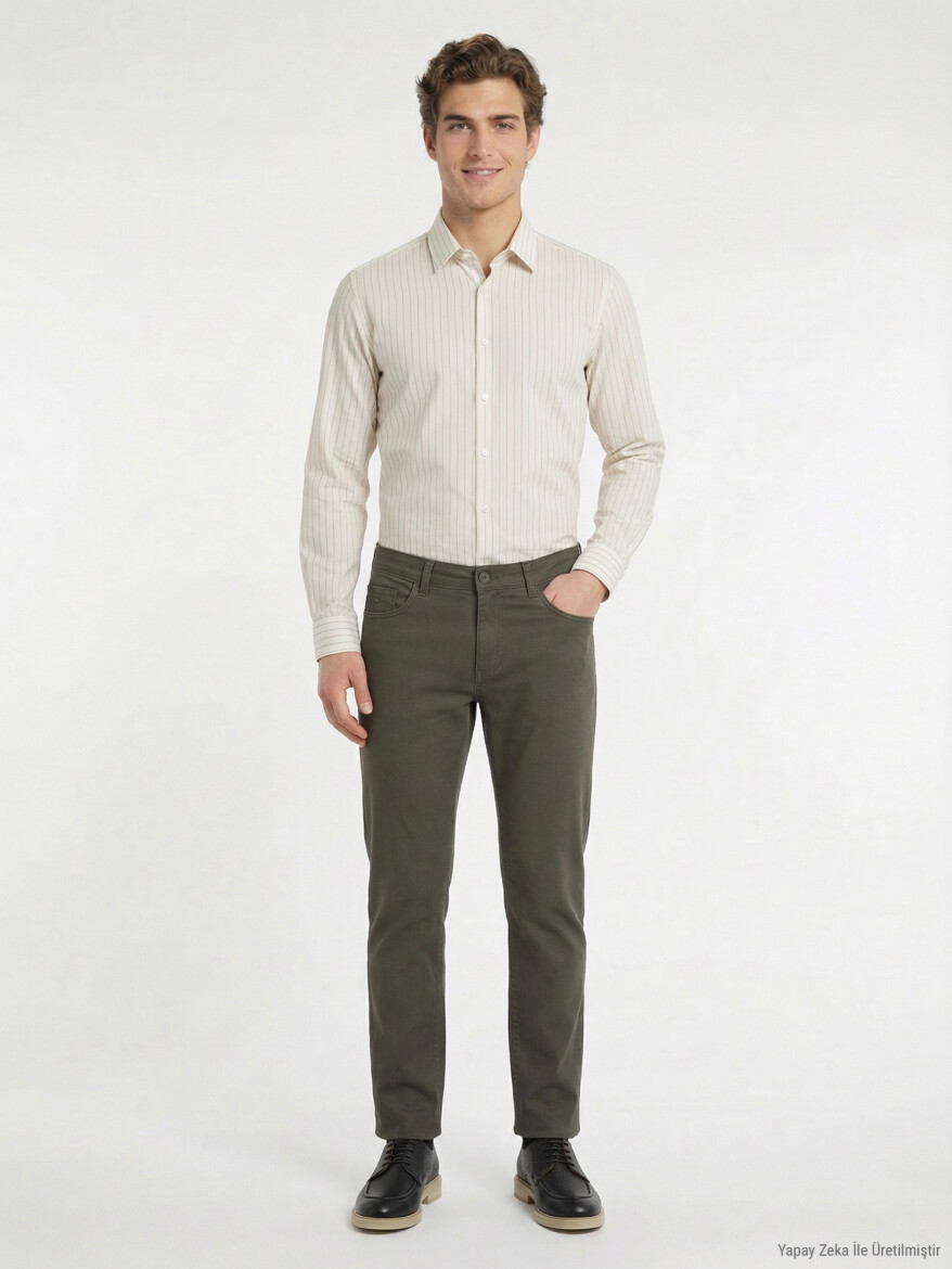 Haki Düz Dokuma Slim Fit Casual Pamuk Karışımlı Pantolon - 3