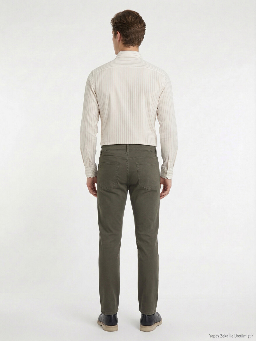 Haki Düz Dokuma Slim Fit Casual Pamuk Karışımlı Pantolon - 4