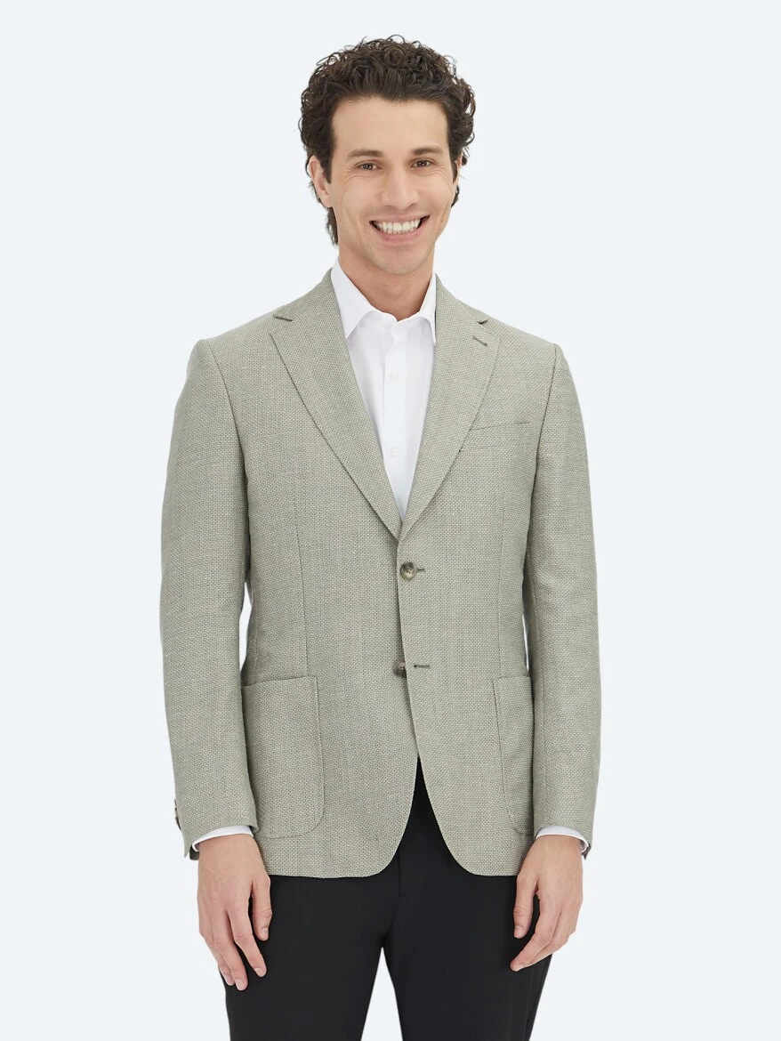 Haki Düz Modern Fit Yün Karışımlı Ceket - KİP