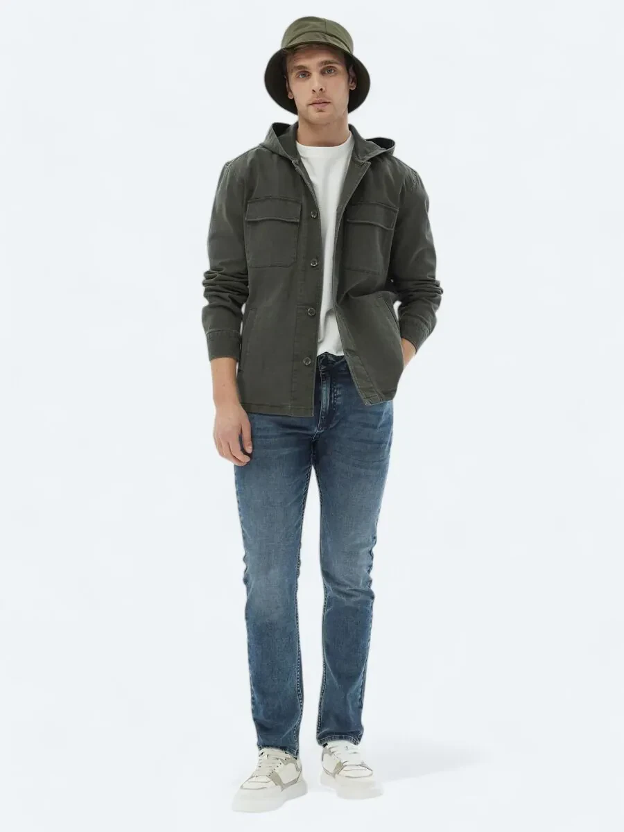 Haki Düz Oversize Fit Dokuma Pamuk Karışımlı Overshırt - 1