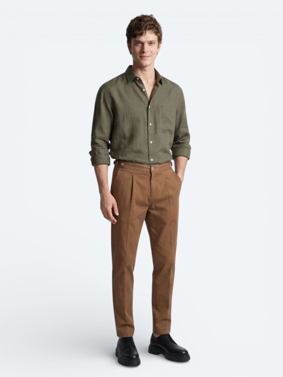 Haki Düz Oversize Fit Uzun Dokuma Casual Gömlek - 2