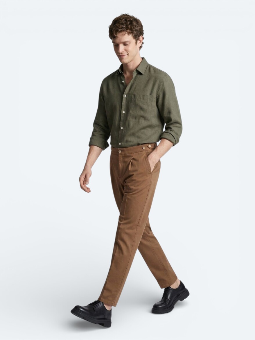 Haki Düz Oversize Fit Uzun Dokuma Casual Gömlek - 3