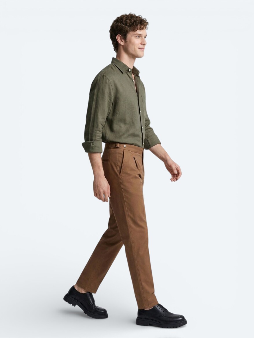 Haki Düz Oversize Fit Uzun Dokuma Casual Gömlek - 4