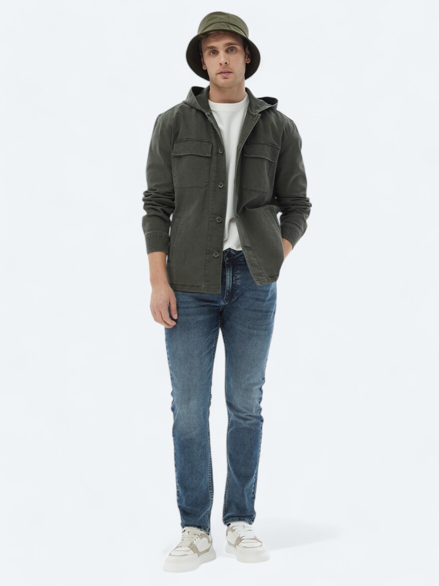 Haki Düz Oversize Fit Uzun Dokuma Pamuk Karışımlı Overshırt - 1