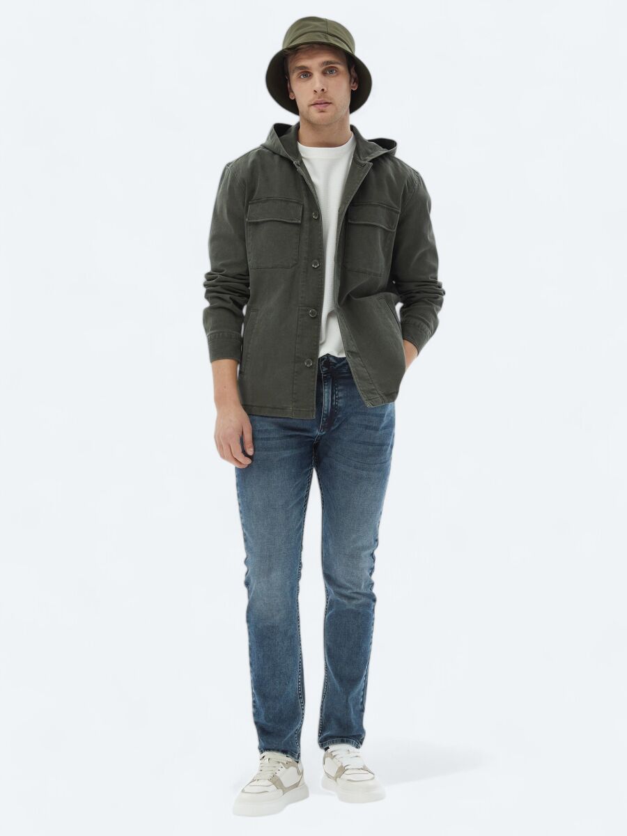 Haki Düz Oversize Fit Uzun Dokuma Pamuk Karışımlı Overshırt - 1