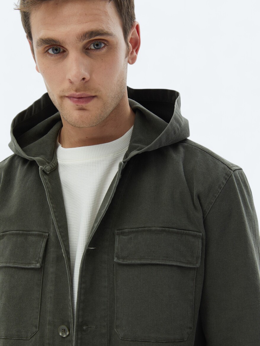 Haki Düz Oversize Fit Uzun Dokuma Pamuk Karışımlı Overshırt - 5