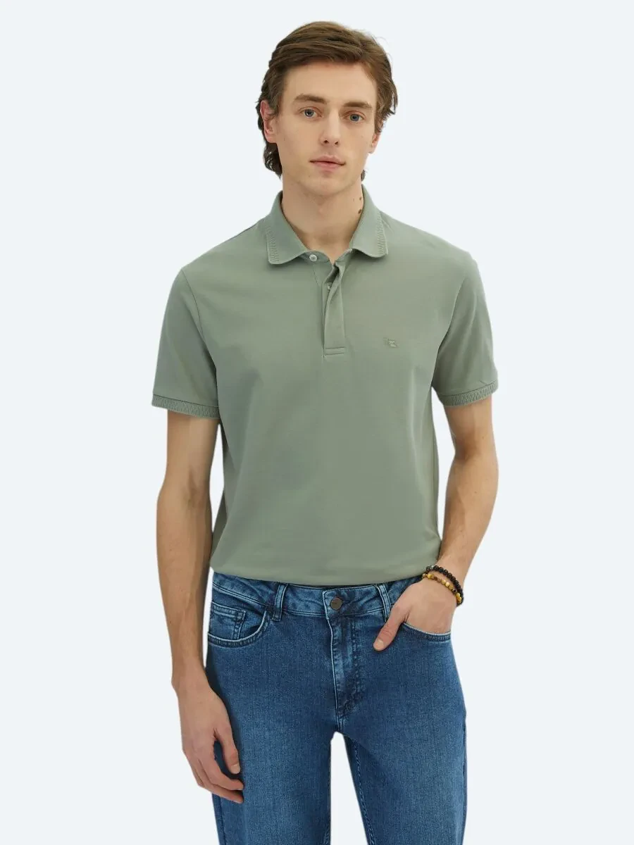 Haki Düz Polo Yaka %100 Pamuk T-Shirt - 1
