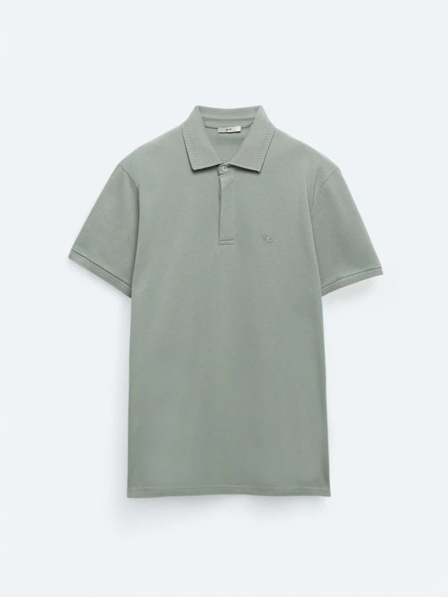 Haki Düz Polo Yaka %100 Pamuk T-Shirt - 5