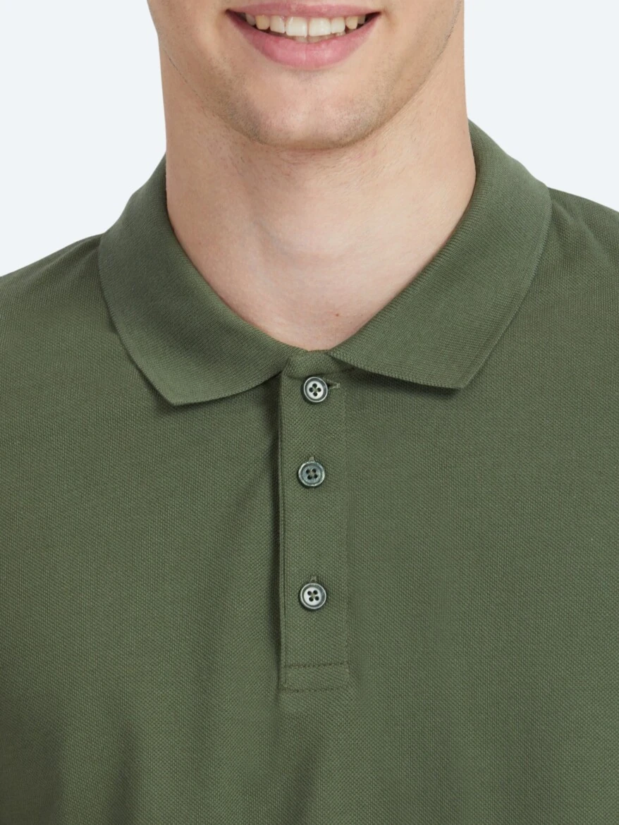 Haki Düz Polo Yaka %100 Pamuk T-Shirt 