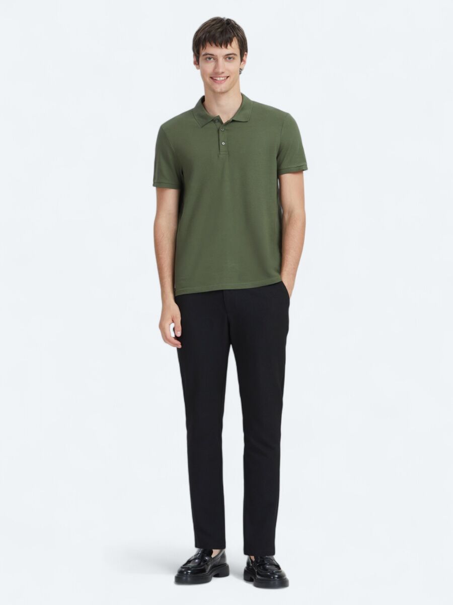 Haki Düz Polo Yaka %100 Pamuk T-Shirt - 2