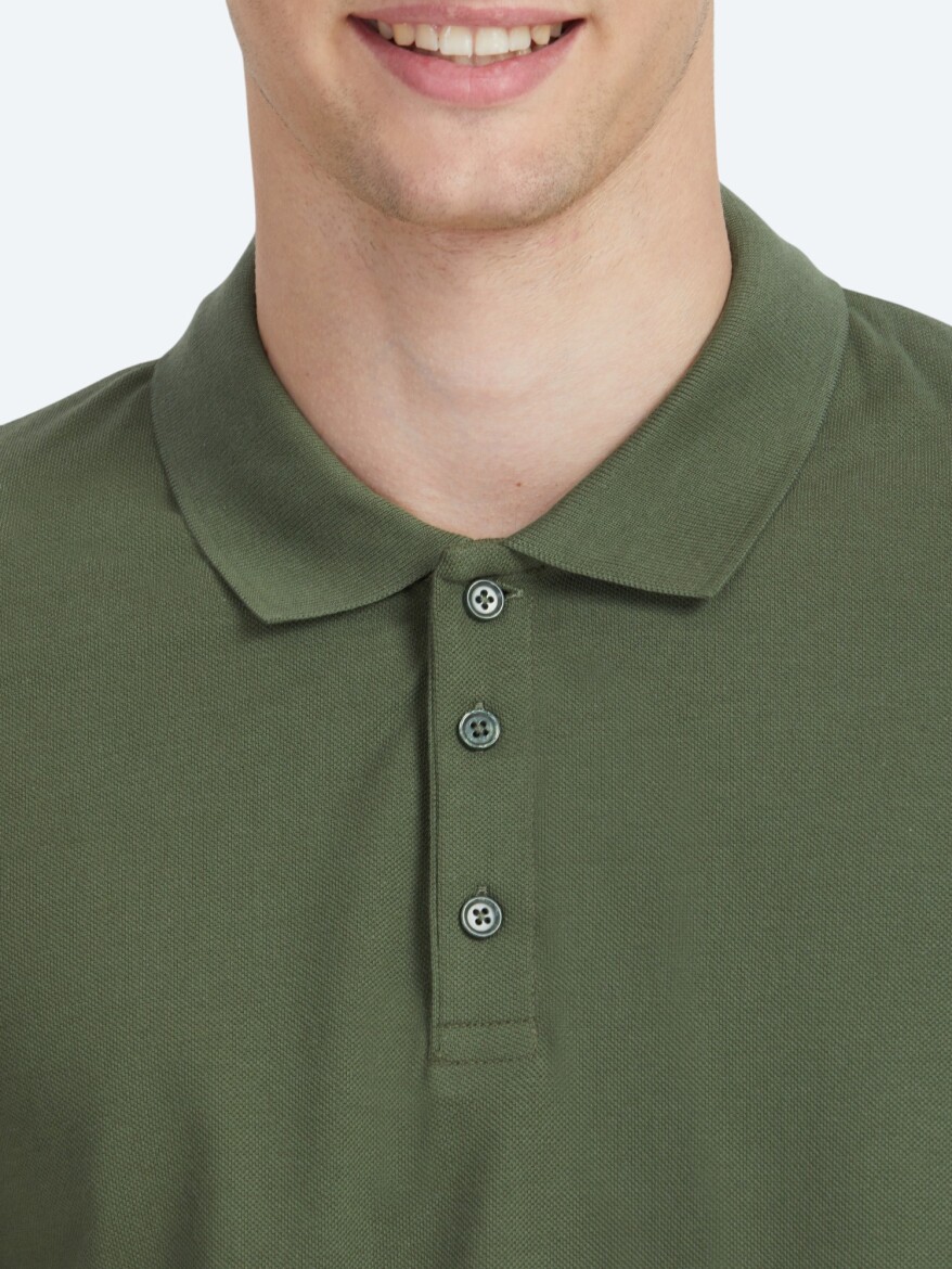 Haki Düz Polo Yaka %100 Pamuk T-Shirt - 4