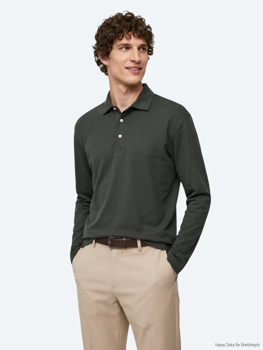 Haki Düz Polo Yaka %100 Pamuk T-Shirt 