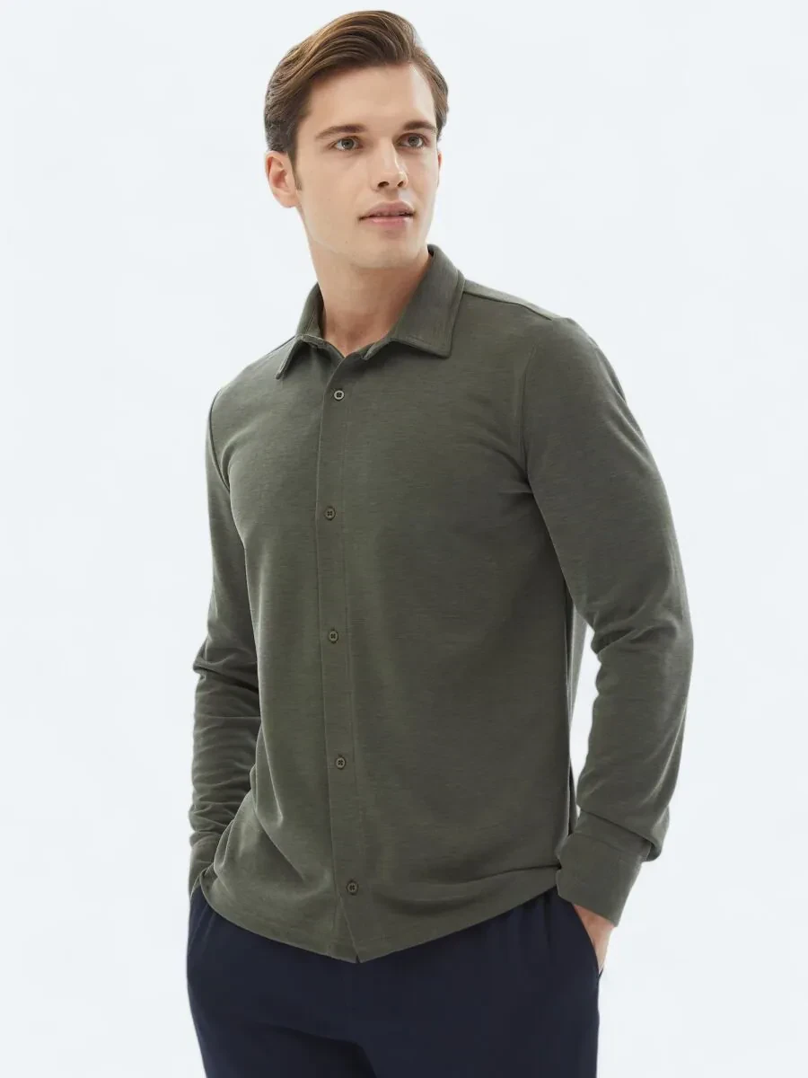 Haki Düz Regular Fit Casual Gömlek - 1