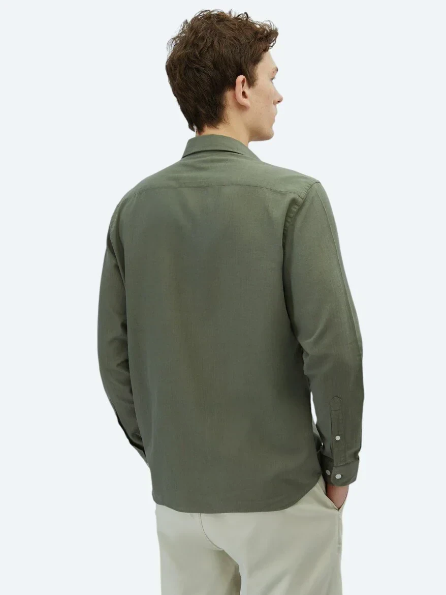 Haki Düz Regular Fit Dokuma Casual %100 Pamuk Gömlek - 6