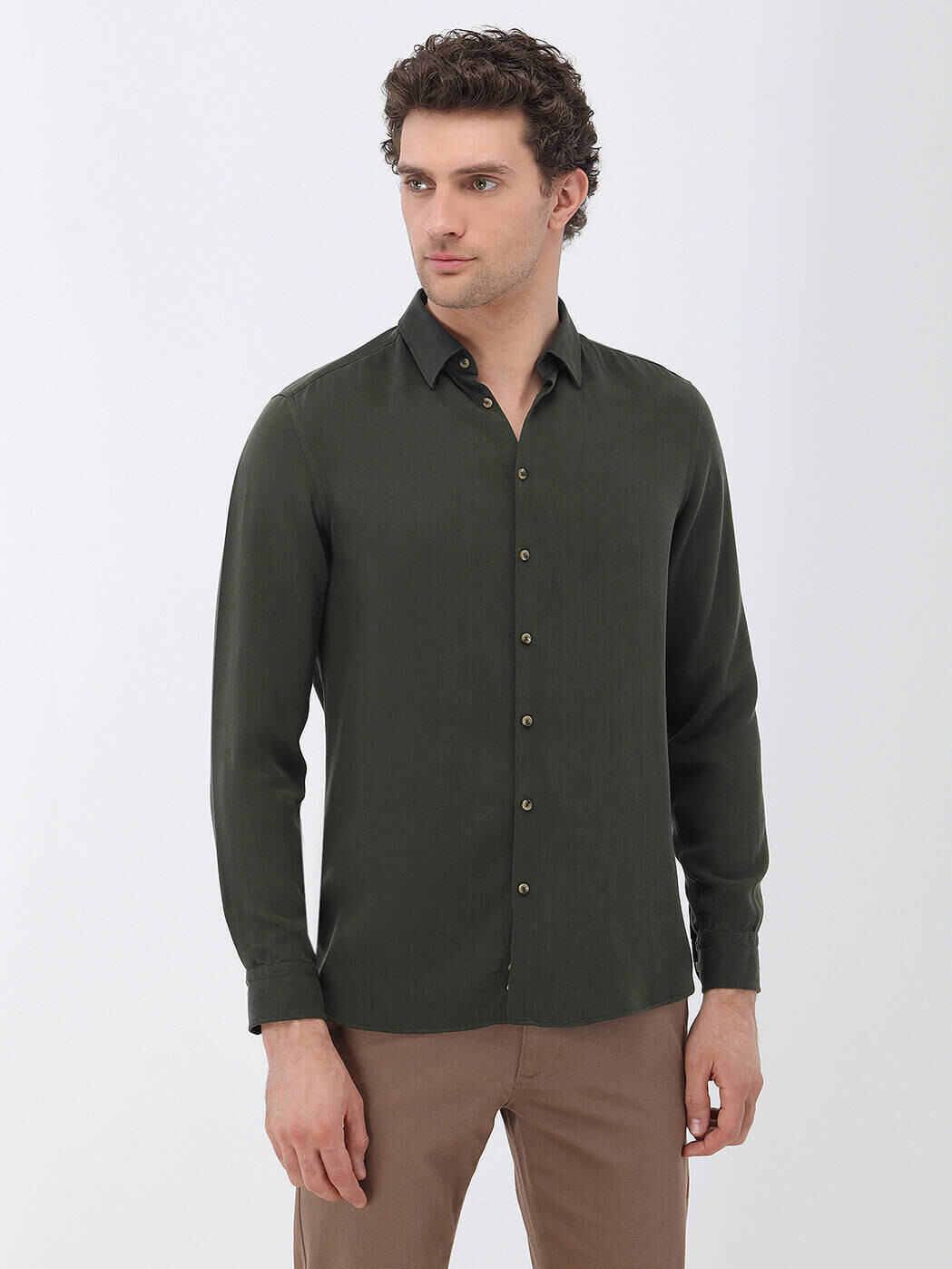 Haki Düz Regular Fit Dokuma Casual Gömlek - 1