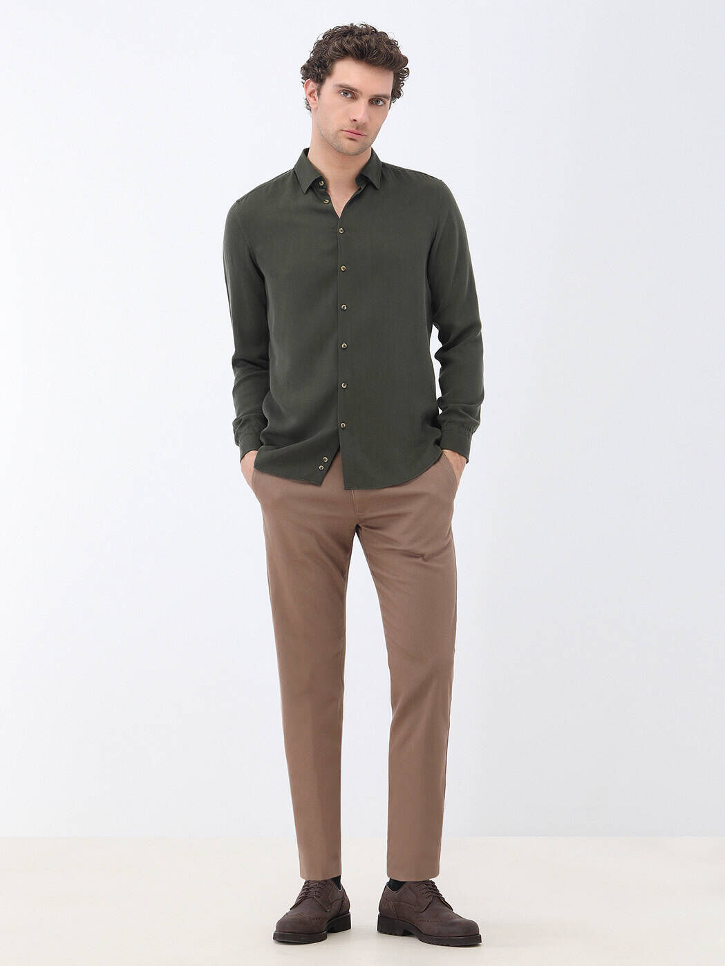 Haki Düz Regular Fit Dokuma Casual Gömlek - 2