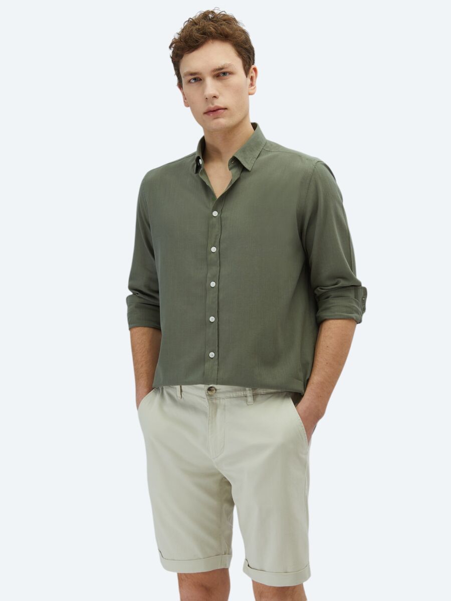 Haki Düz Regular Fit Uzun Dokuma Casual %100 Pamuk Gömlek - 3