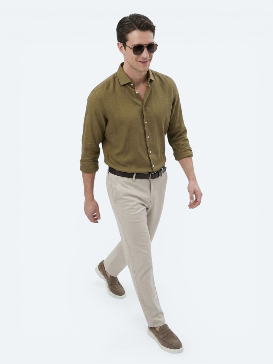 Haki Düz Regular Fit Uzun Dokuma Casual Pamuk Karışımlı Gömlek - 3